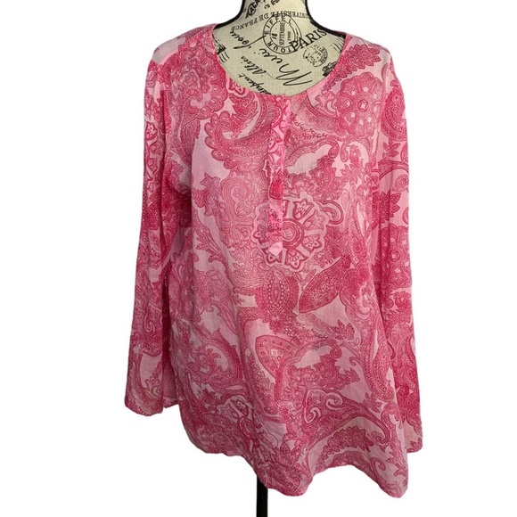 Jones New York Tunic Blouse Boho long Sleeve paisley pink cotton light Women’s L - Picture 1 of 14